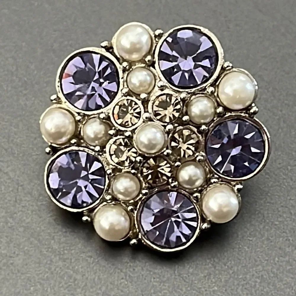 1 in. Silver Tone Flower Brooch with Faux Pearls, Diamonds and Lilac Crystals